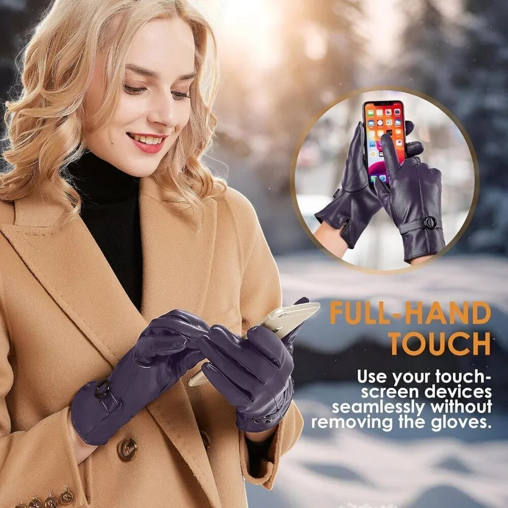 Women's Winter Leather Gloves Texting Warm Driving Lambskin Gloves Purple